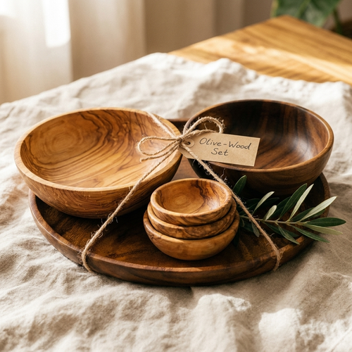 Rose's Olivewood Bowls & Plate Set — 4 Pieces